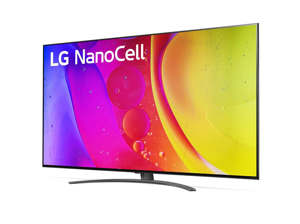 LG 50NANO813QA 4K NanoCell Smart TV előlnézetben enyhén balra fordítva, talpon. A kijelzőn színes folyadék kevereréke és lg nanocell logó.