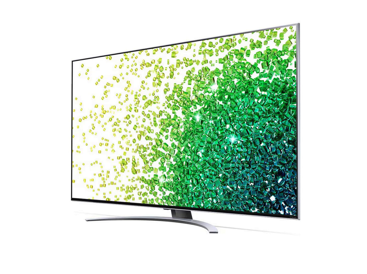 LG 50NANO883PB 4K Smart TV előlnézetben enyhén balra fordítva, talpon. A kijelzőn sárgás zöld drágakövek szétszórva.