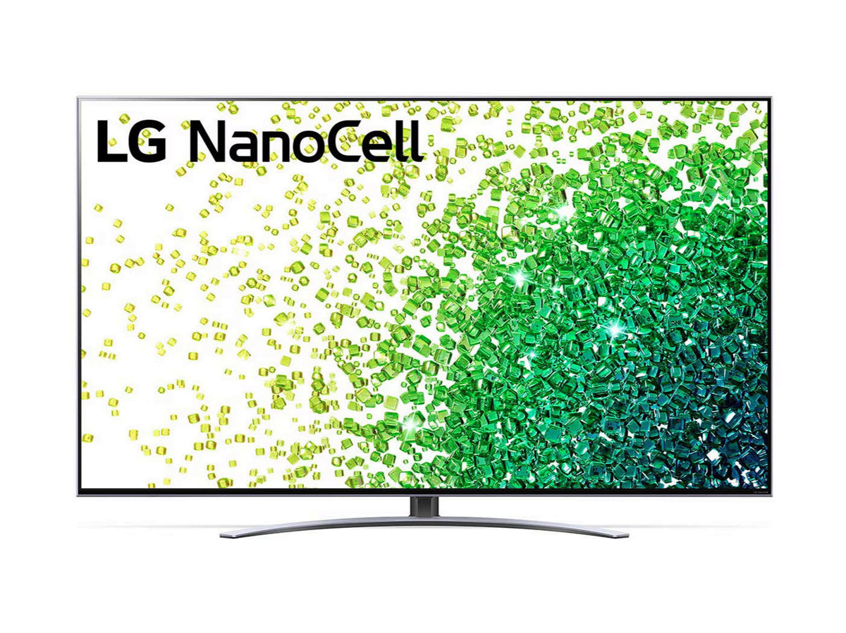 LG 50NANO883PB 4K Smart TV előlnézetben, talpon. A kijelzőn sárgás zöld drágakövek szétszórva és lg nanocell logó.