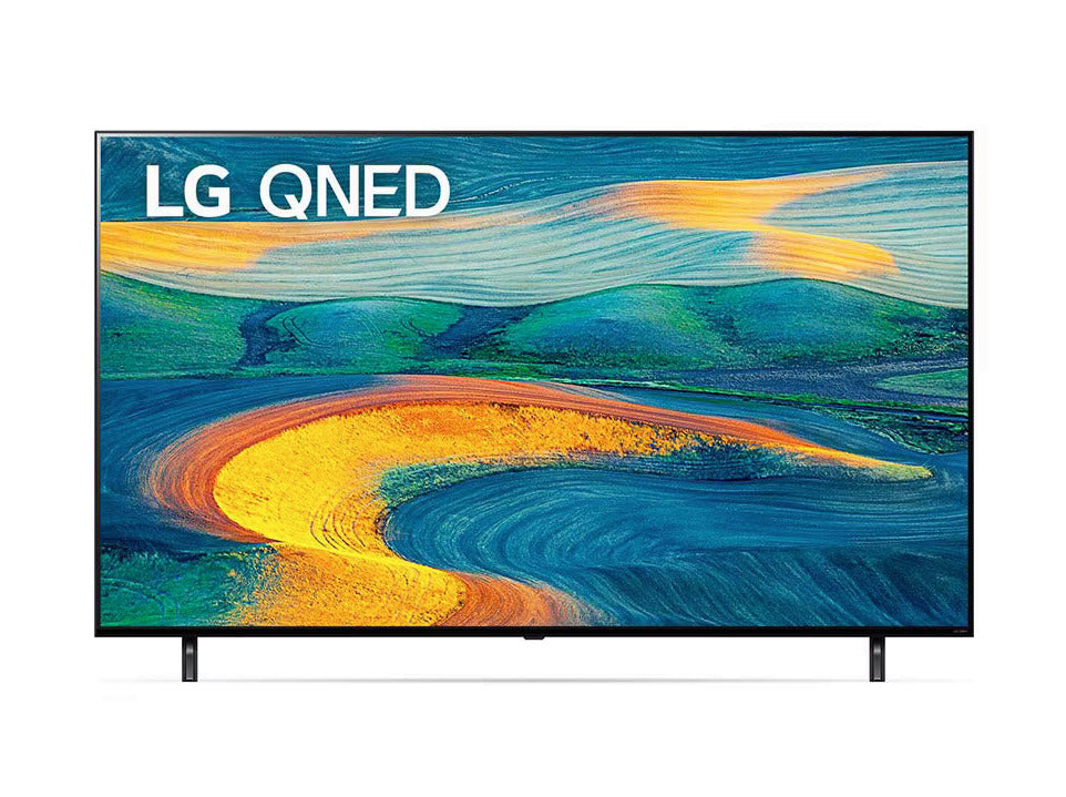 LG 50QNED7S3QA 4K Smart TV előlnézetben, talpon. A kijelzőn sárgás kék festmény és lg qned logó.