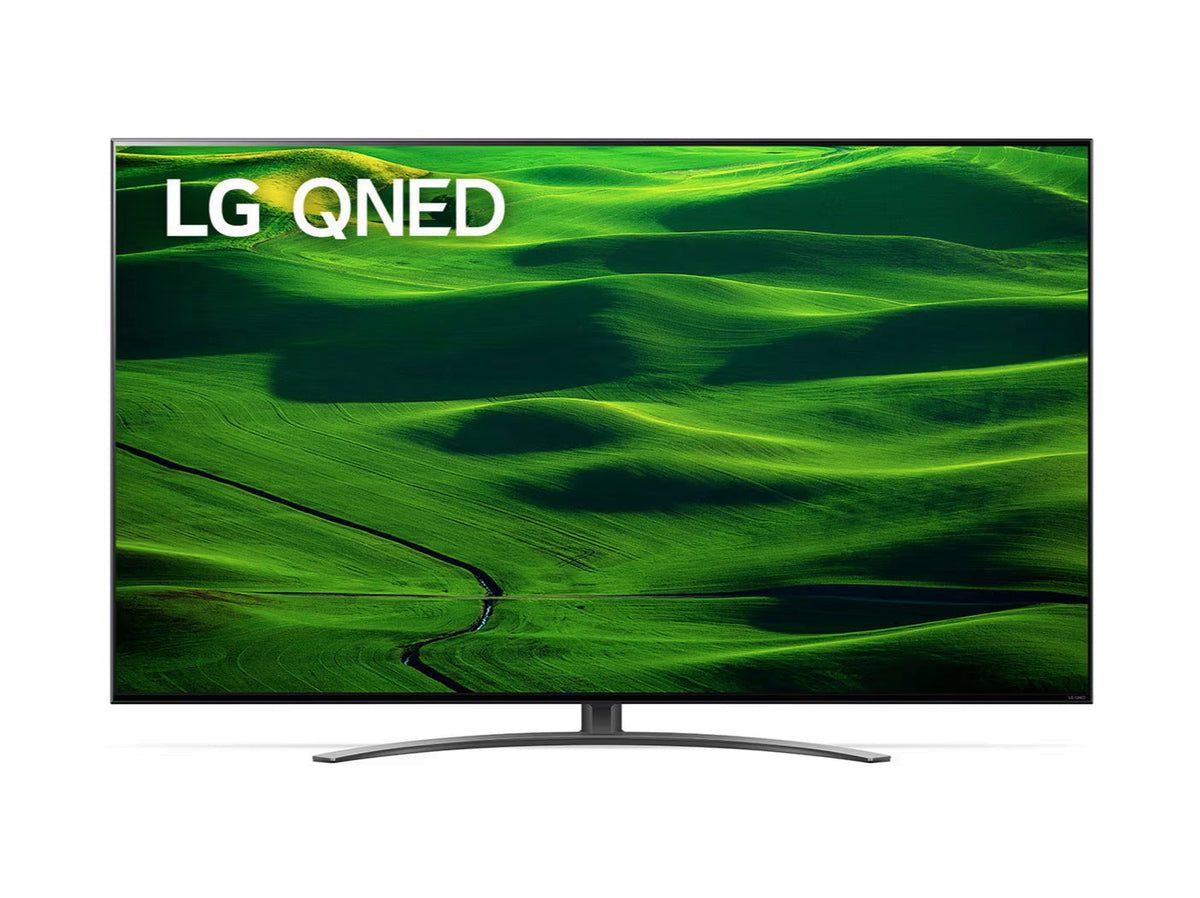 LG 50QNED813QA 4K MiniLED Gaming TV előlnézetben, talpon. A kijelzőn zöld dombos tájkép és lg qned logó.