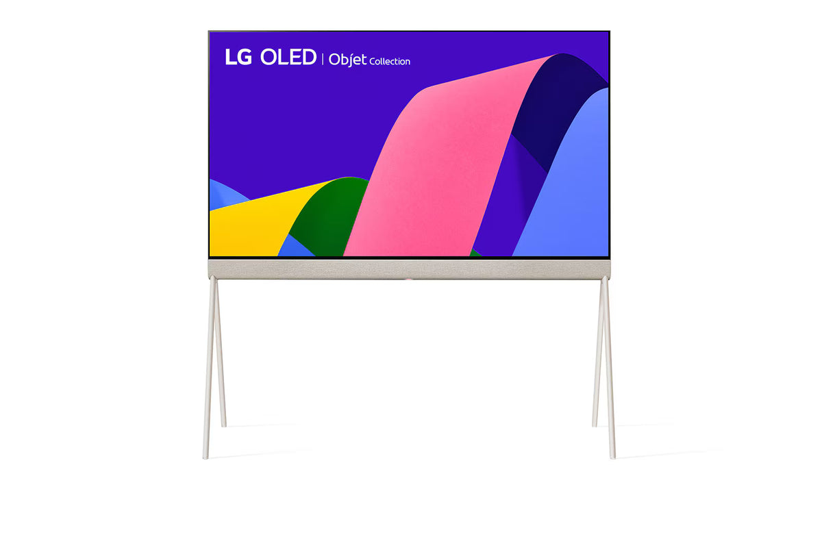 LG 55LX1 OLED televízió előlnézetben, talpon. A kijelzőn művészi rózsaszínes kék művészi ábra és lg oled object collection logó.