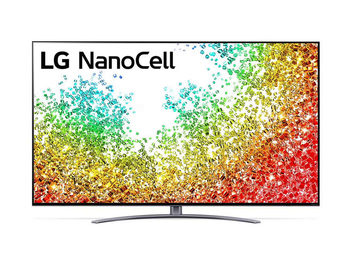 LG 55NANO963PA NanoCell 8K Smart TV előlnézetben, talpon. A kijelzőn színes drága kövek szétszórva és lg nanocell logó.