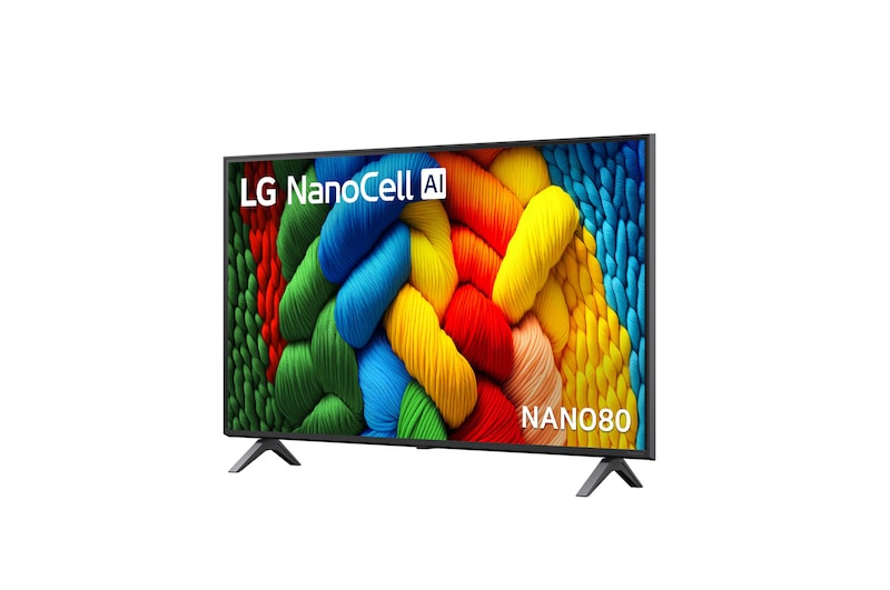 LG 43NANO80A televízió előlnézetben talpon, enyhén balra fordítva. A kijelzőn színes fonott kötelek és lg nanocell ai logó.