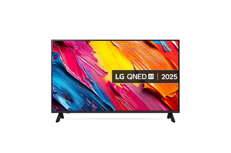 LG 43QNED70A Televízió előlnézetben talpon. A kijelzőn színes festék nyomok és qned ai logó.