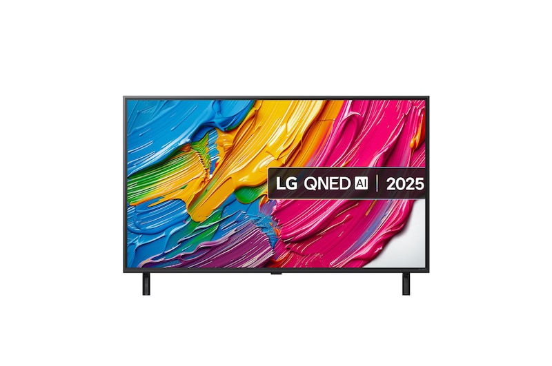 LG 50QNED80A televízió előlnézezben talpon. A kijelzön színes festék kenet és lg qned ai logó.
