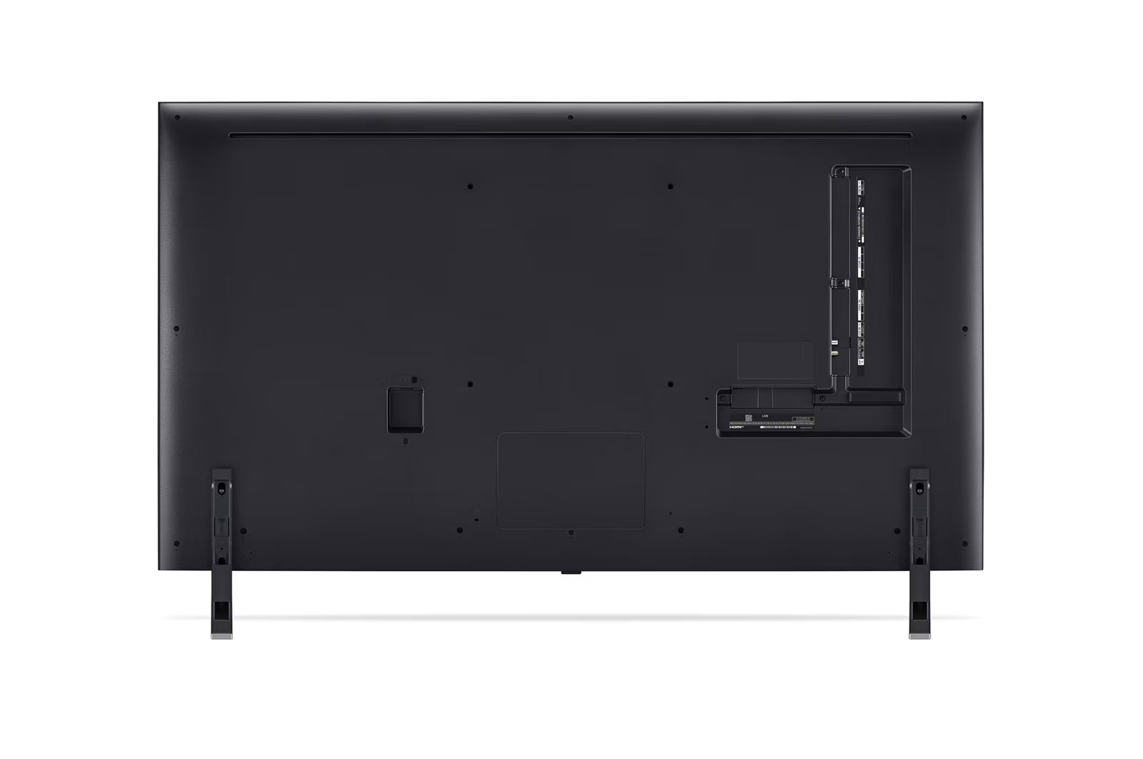 LG 75QNED85T3A televízió hátulnézetben talpon.