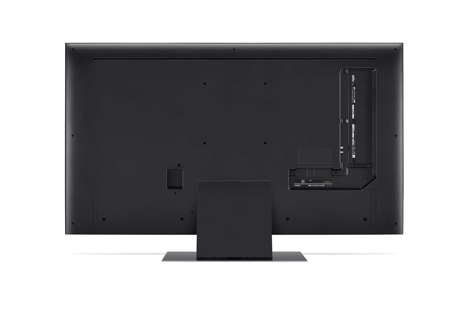 LG 86QNED86T3A televízió hátulnézetben talpon.