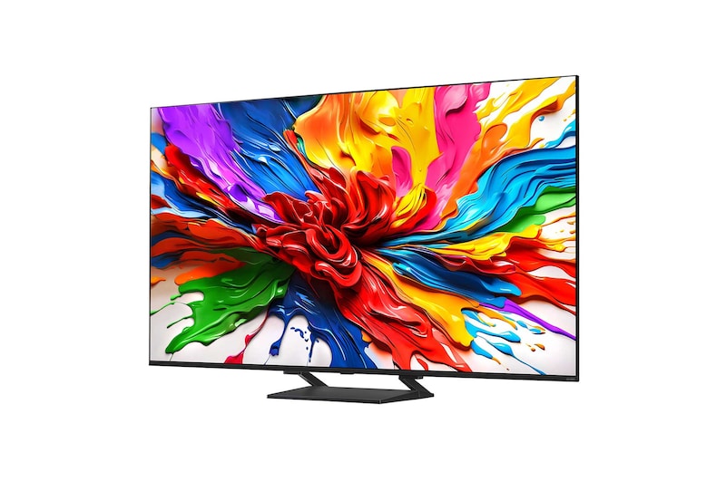 LG 55QNED93A televízió előlnézetben talpon, enyhén balra fordítva. A kijelzőn színes festék keverék.