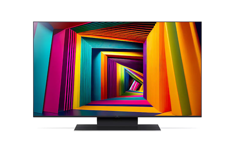 LG 50UT9100 televízió előlnézetben talpon. A kijelzőn több színű absztrakt fotó.