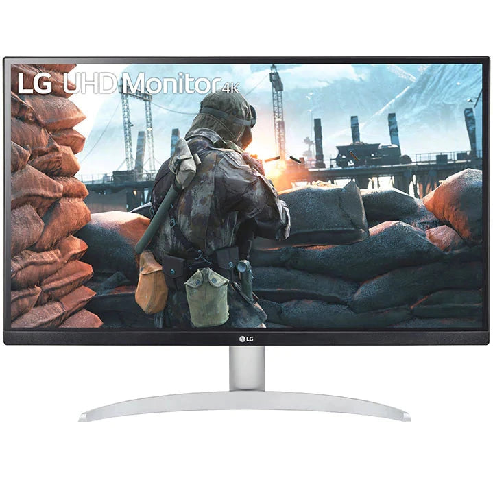 LG 27" 4K UHD IPS Paneles Monitor, előlnézet háborús fps játék akció jelenet, 27UP600-W