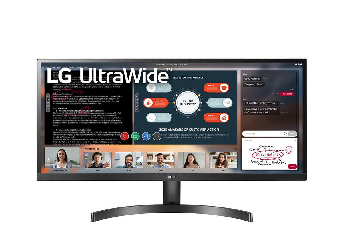 LG 29" UltraWide 21:9 FHD 75Hz FreeSync HDR IPS Monitor előlnézet több ablakos munkamenettel, 29WL500-B