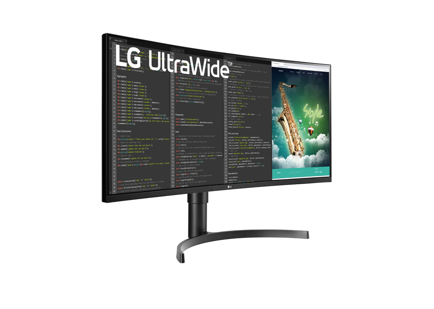 LG 35" Ívelt UltraWide 2K WQHD 100Hz FreeSync HDR VA Monitor előlnézet  jobbra fordítva, 35WN75C-B