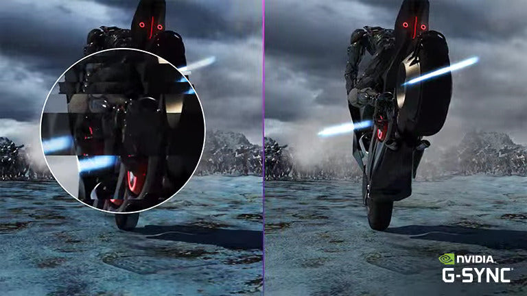 Motoron ülő robot az ellenséges robotok felé tart, a bal oldalon elmosódott megjelenítés. A jobb oldalon élesebben, részletesebben megjelenítve NVIDIA G-Sync logóval.