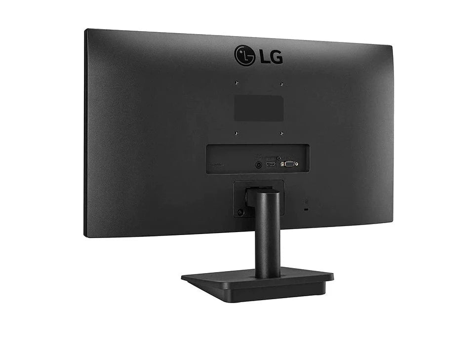 LG 22MP410-B Monitor hátulnézetben enyhén balra fordítva, talpon.