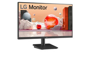 LG 24BA400-B Monitor előlnézetben, enyhén jobbra fordítva, talpon. A képernyőn színes márvány szerű alakzatok.