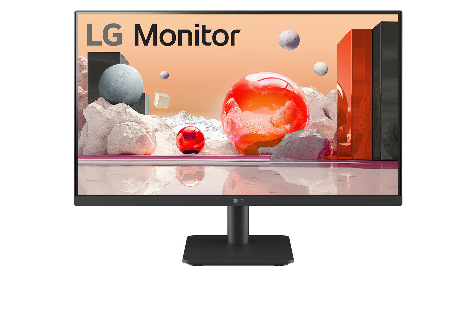 LG 24BA400-B Monitor előlnézetben, talpon. A képernyőn színes márvány szerű alakzatok.
