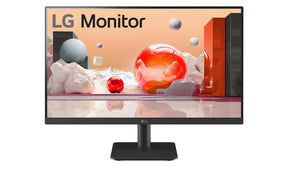 LG 24BA400-B Monitor előlnézetben, talpon. A képernyőn színes márvány szerű alakzatok.