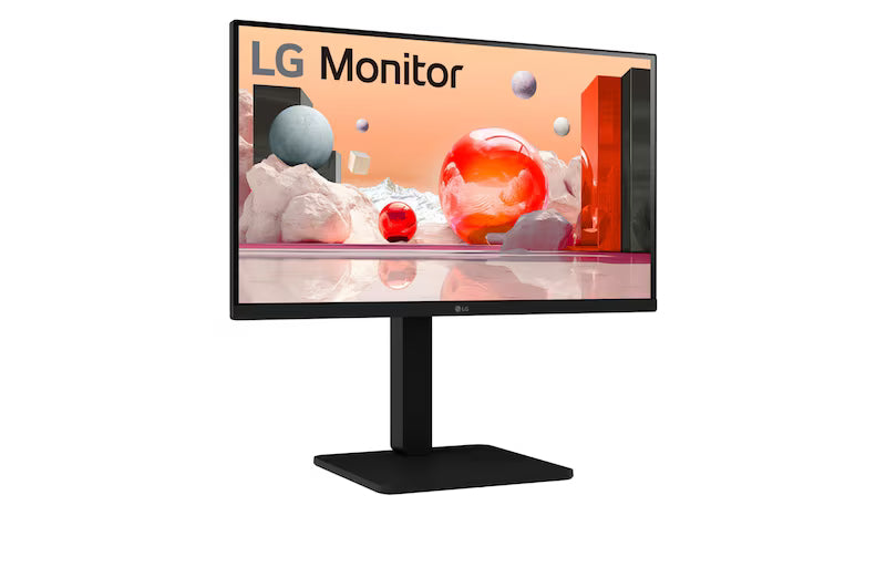 LG 24BA450-B Monitor előlnézetben, enyhén jobbra fordítva, talpon. A képernyőn színes márvány szerű alakzatok.