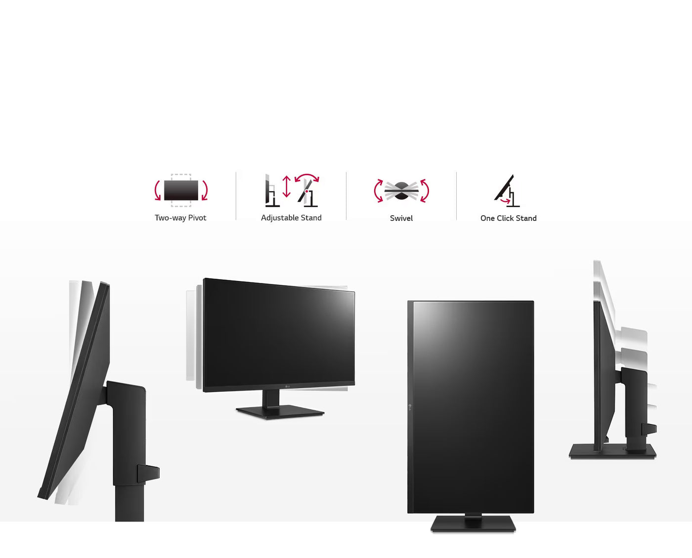 LG 24BL650C-B Monitor formatervezése és mozgástartománya minden irányból bemutatva.