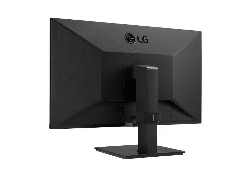 LG 24BL650C-B Monitor hátulnézetben enyhén balra fordítva, talpra szerelve.