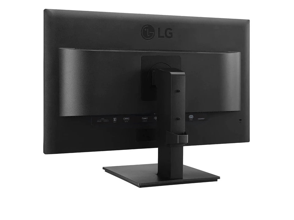 LG 24BN650Y-B Monitor hátulnézetben enyhén balra fordítva, talpra szerelve.