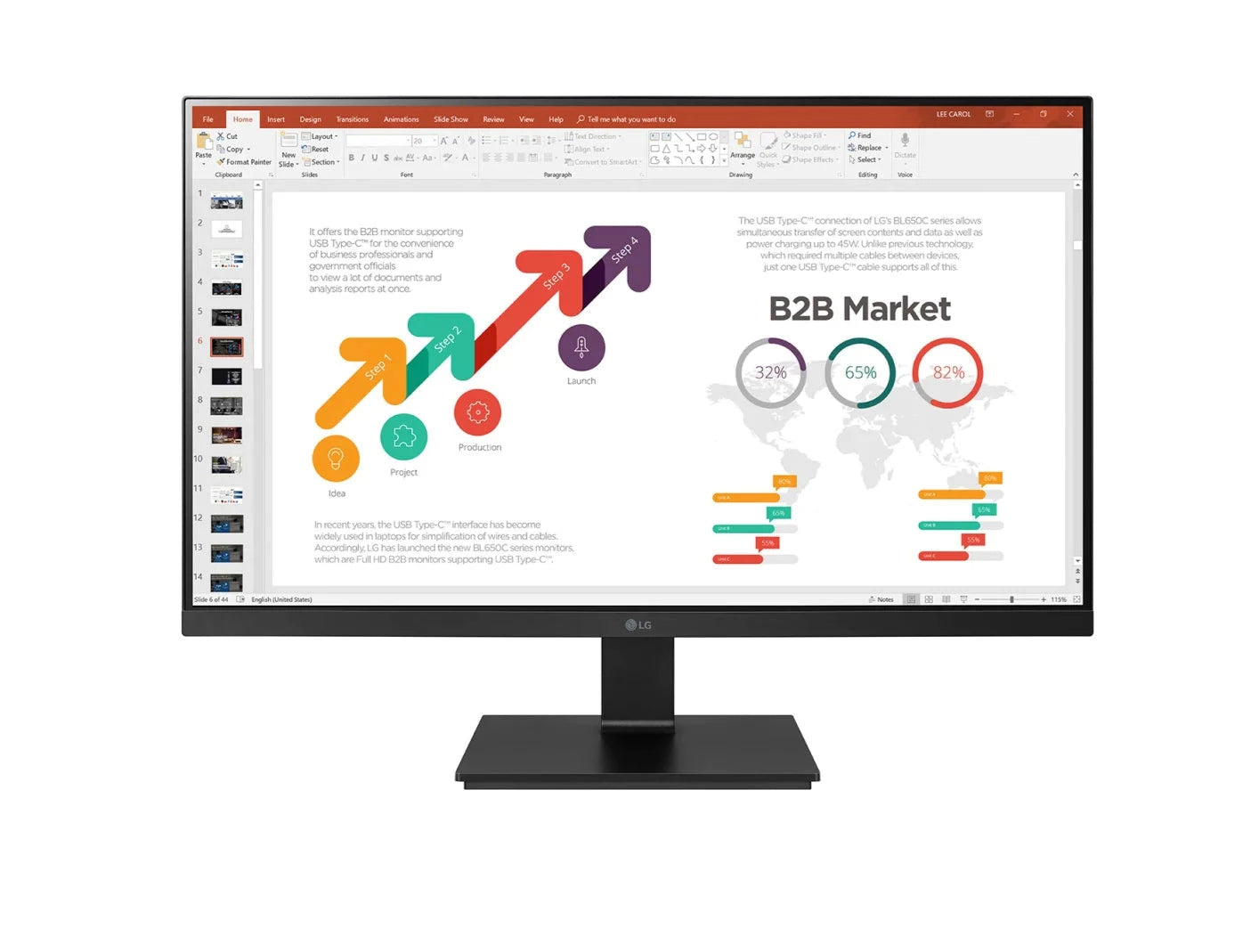 LG 24BN650Y-B Monitor előlnézetben, talpra szerelve. A kijelzőn üzleti diagramok prezentációval.