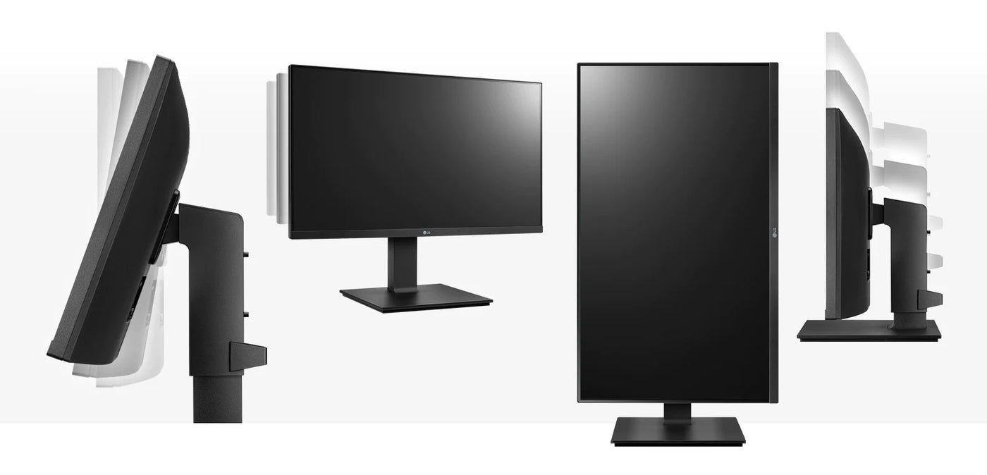 LG 24BP450Y Monitor formatervezése és mozgástartománya minden irányból bemutatva.