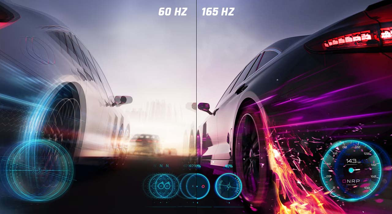 LG 24GQ50F-B Gaming monitor 165Hz képfrissítési sebessége összehasonlítva az átlagos monitorok 60Hz-es sebességével, sportautók gyorsulási versenyével szemléltetve. 