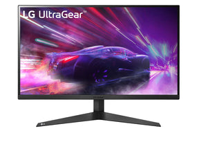 LG 24" UltraGear FHD 144Hz 1ms VA Paneles Gamer Monitor előlnézet száguldó autó és ultragear logó a kijelzőn, 24GQ50F-B