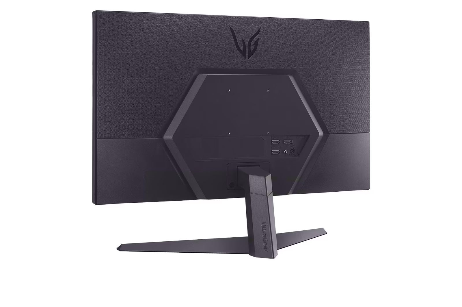 LG 24GS50F Monitor hátulnézetben enyhén balra fordítva, talpon.