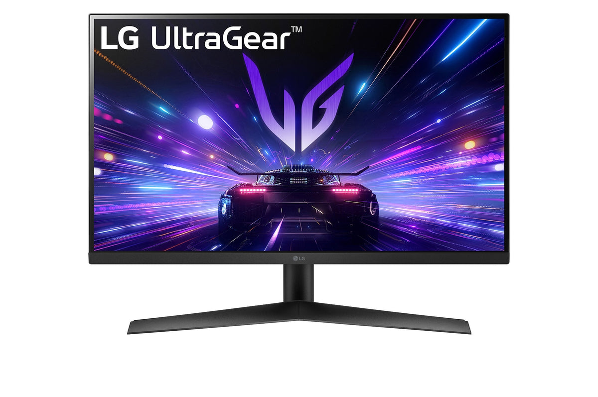 LG 24GS60F Monitor előlnézetben talpon. A kijelzőn sport autó száguld lg ultragear logó alatt.