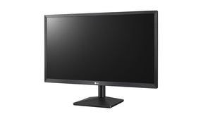 LG 24MK43HP-B Monitor előlnézetben talpon, enyhén balra fordítva.