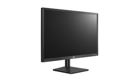 LG 24MK43HP-B Monitor előlnézetben talpon, jobbra fordítva.