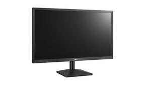 LG 24MK43HP-B Monitor előlnézetben talpon, enyhén jobbra fordítva.