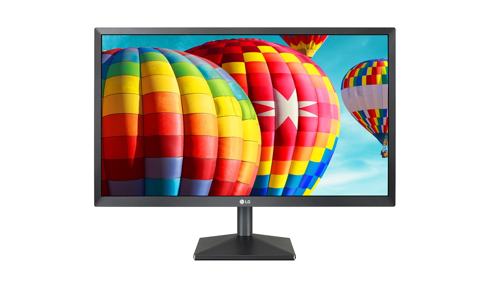 LG 24MK43HP-B Monitor előlnézetben talpon. A kijelzőn színes léggombök repülnek.