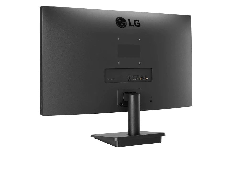 LG 24MP400-B Monitor hátulnézetben enyhén balra fordítva, talpon.