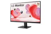 LG 24MR400-B Monitor előlnézetben talpon, balra fordítva. A kijelzőn színes formák, alakzatok és LG logó.