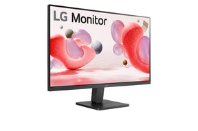 LG 24MR400-B Monitor előlnézetben talpon, jobbra elfordítva. A kijelzőn színes formák, alakzatok és LG logó.