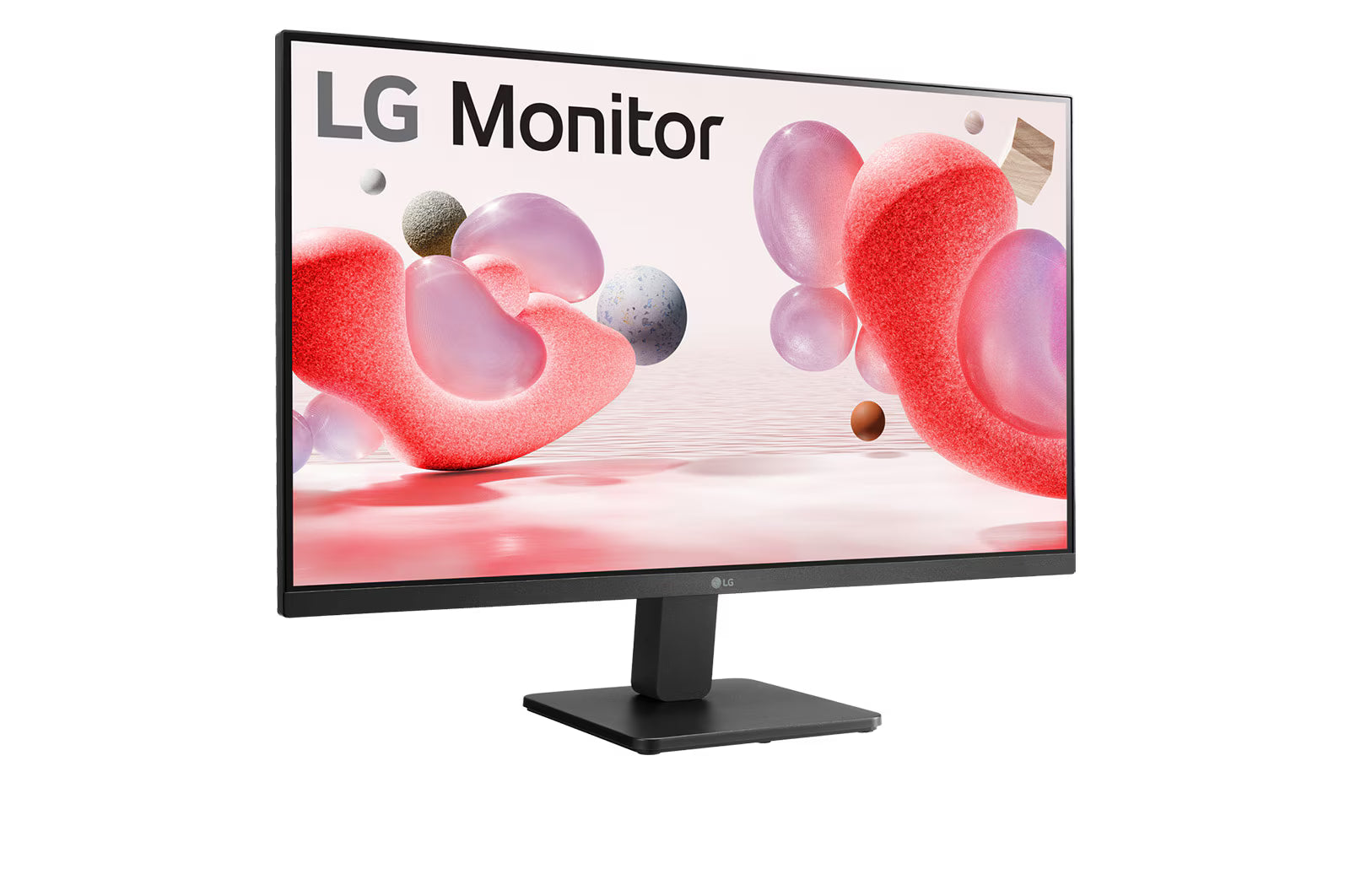 LG 24MR400-B Monitor előlnézetben talpon, jobbra fordítva. A kijelzőn színes formák, alakzatok és LG logó.
