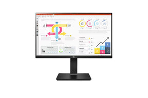 LG 24QP750 Monitor előlnézetben talpon. A kijelzőn powerpoint prezentációs diagramok.