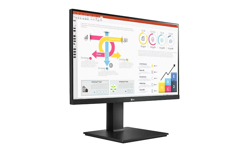 LG 24QP750 Monitor előlnézetben talpon, jobbra fordítva. A kijelzőn powerpoint prezentációs diagramok.