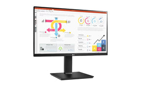 LG 24QP750 Monitor előlnézetben talpon, enyhén jobbra fordítva. A kijelzőn powerpoint prezentációs diagramok.