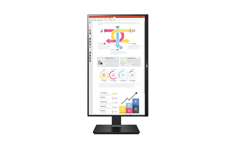 LG 24QP750 Monitor előlnézetben talpon, pivot módban elforgatva. A kijelzőn powerpoint prezentációs diagramok.