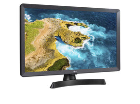 LG 24TL510V-PZ TV Monitor előlnézetben talpon, enyhén jobbra fordítva. A kijelzőn sziklás óceán part.