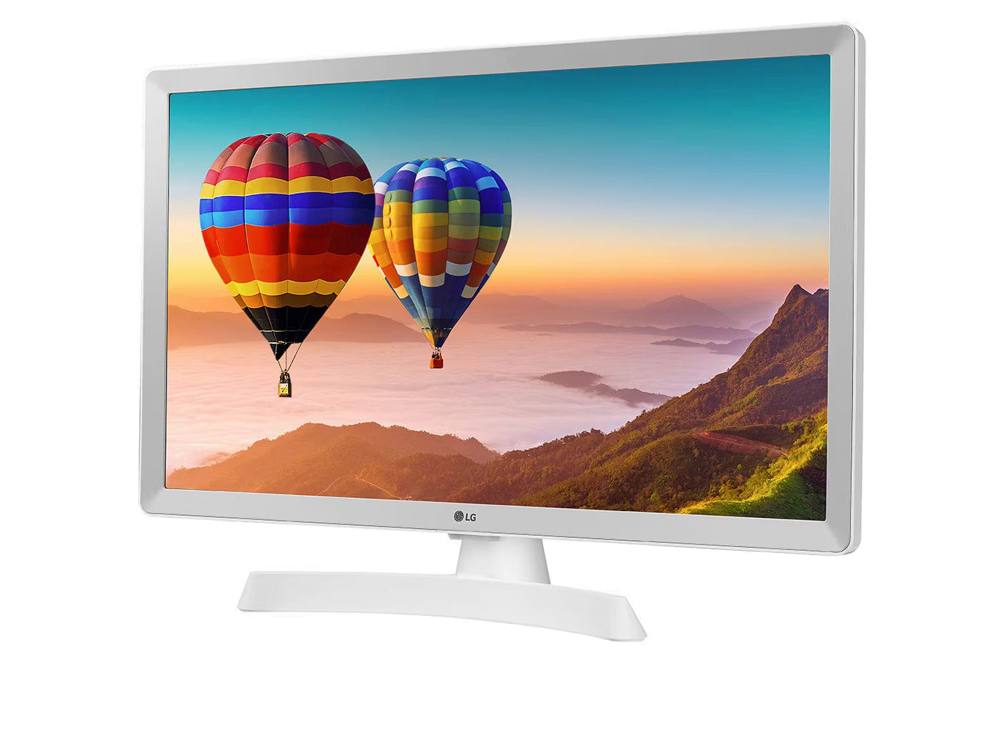 LG 24TL510V-WZ TV Monitor előlnézetben talpon, enyhén balra fordítva. A kijelzőn hegyvidék felett repülő léggömbök.