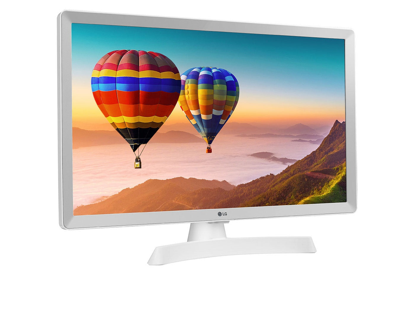 LG 24TL510V-WZ TV Monitor előlnézetben talpon, enyhén jobbra fordítva. A kijelzőn hegyvidék felett repülő léggömbök.