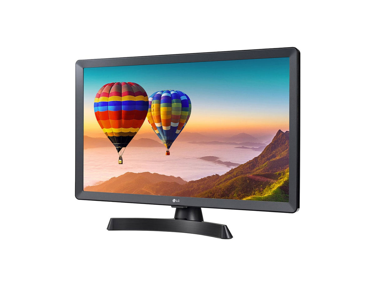 LG 24TN510S-PZ Smart TV Monitor előlnézetben enyhén balra fordítva, talpon. A képernyőn léggömbök repülnek hegyi táj felett.