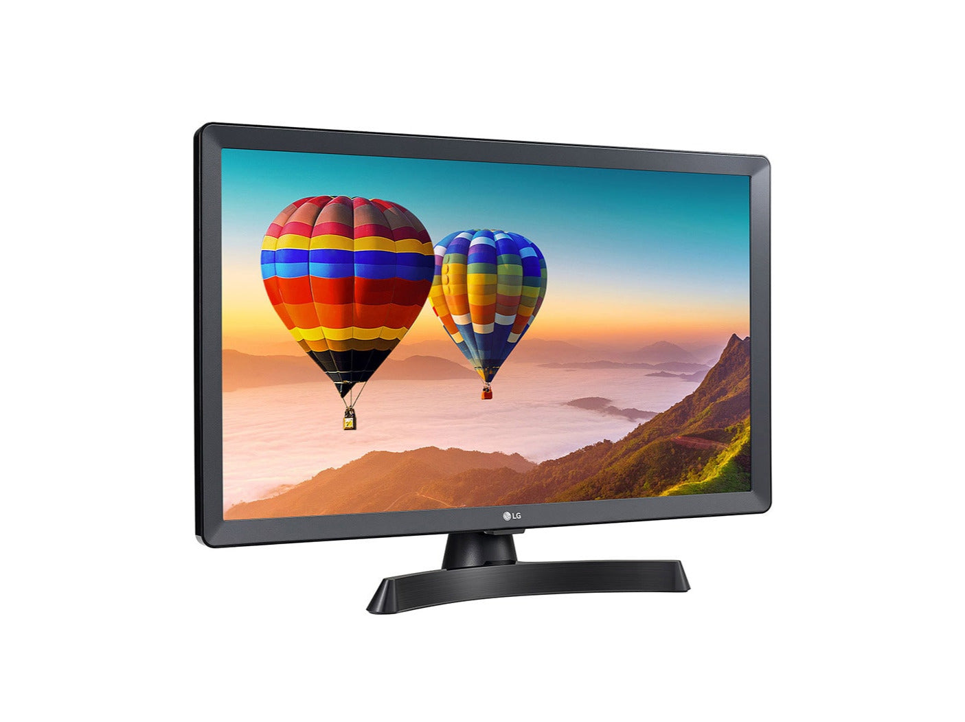 LG 24TN510S-PZ Smart TV Monitor előlnézetben enyhén jobbra fordítva, talpon. A képernyőn léggömbök repülnek hegyi táj felett.