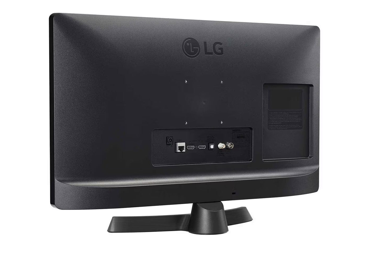 LG 24TQ510S-PZ Smart TV Monitor hátulnézetben talpon, enyhén balra fordítva.